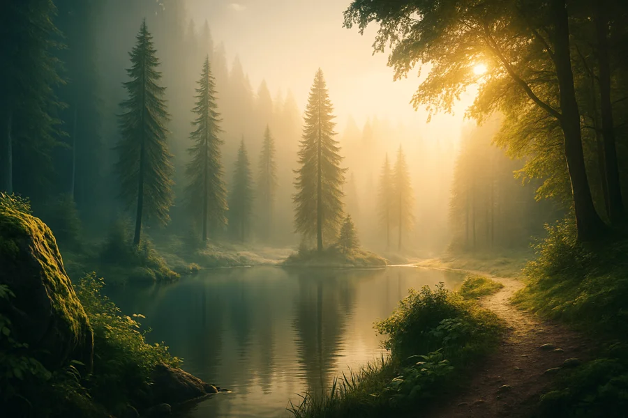 Paysage forestier serein représentant la réduction du stress et la pleine conscience