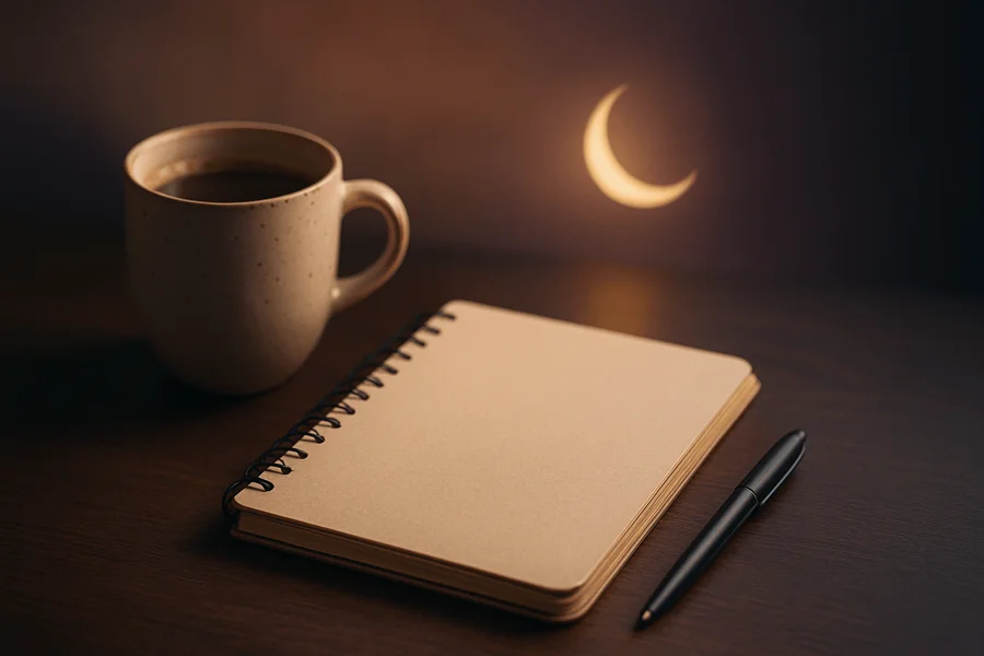 Scène apaisante de journaling du soir avec café, carnet et croissant de lune représentant une routine bien-être durable