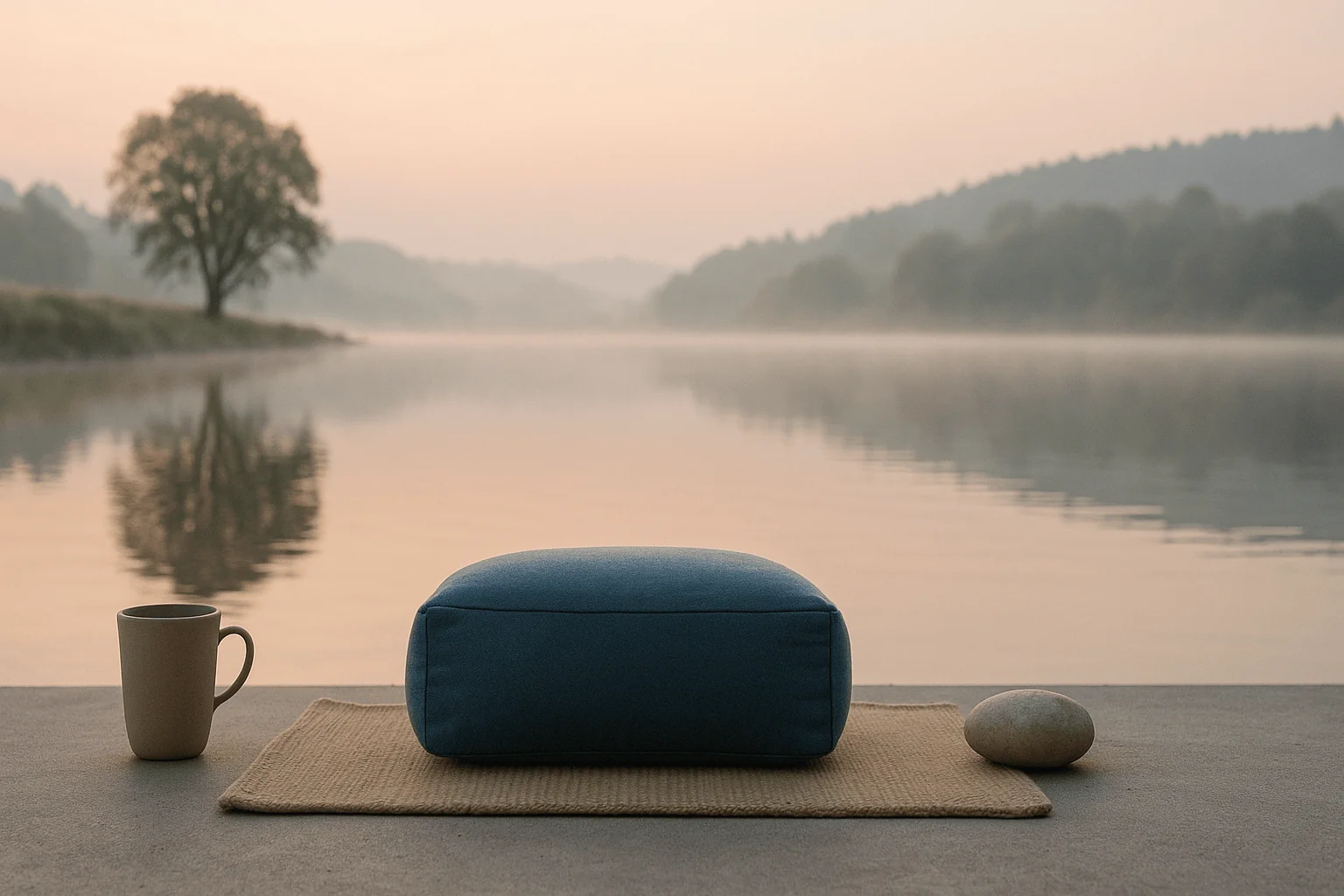 Installation de méditation sereine au bord d'une eau calme : tasse en céramique, natte tressée, coussin de méditation turquoise et galet de rivière disposés sur une surface en béton, avec reflet de lac brumeux et collines ondulantes au lever du soleil - représentant des pratiques de bien-être quotidiennes de 5 minutes