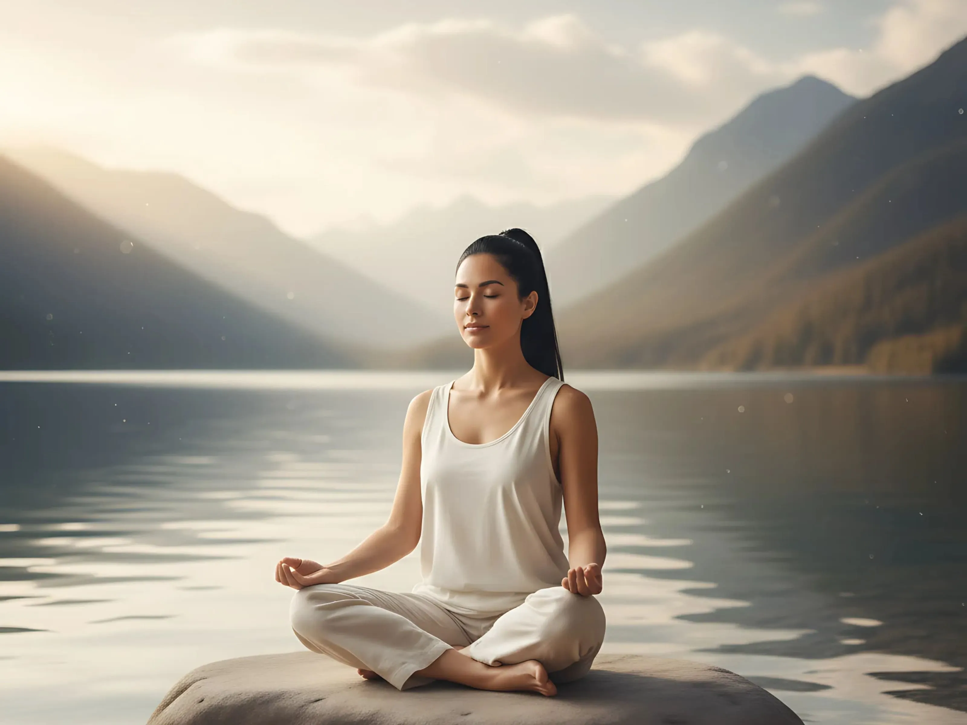Woman meditating peacefully on water